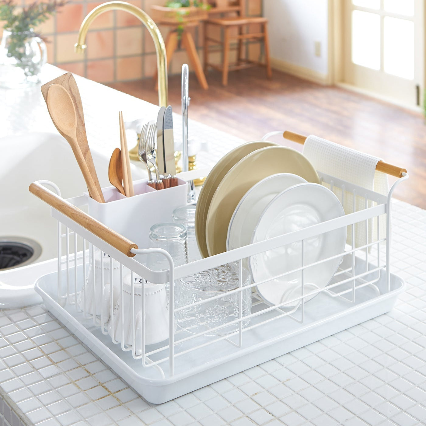 Space-Saving Steel & Wood Dish Drying Rack
